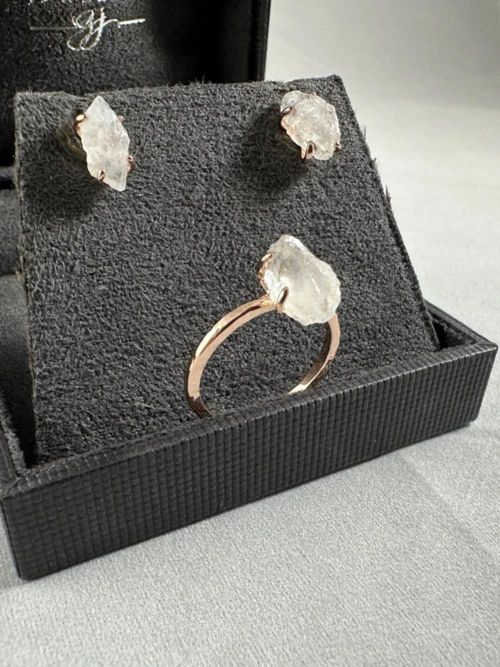 Raw Quartz Crystal Ring and Earring Set Boho Organic Solitaire Studs Rose Gold